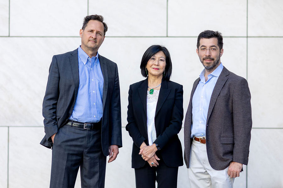 Portrait of Hugh Herr, Lisa Yang, and Ed Boyden (from left to right).