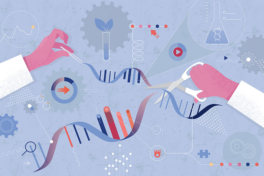 Illustration of two hands cutting DNA with scissors and tweezers.