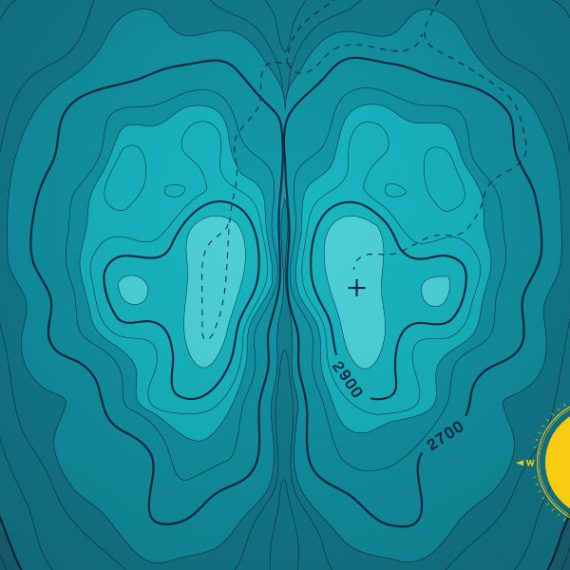 Artistic rendering of a topographic map of the human brain with a compass in bottom right corner.