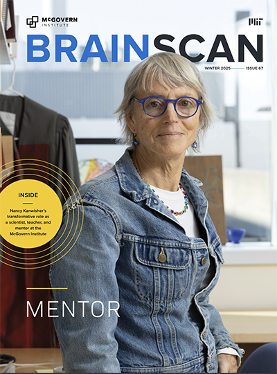 Cover of BrainScan newsletter with a photo of a woman wearing a jean jacket, leaning against a desk with a window behind her.