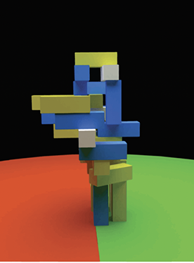 An unstable column of blue and yellow blocks piled on top of a table that is half red, half green.