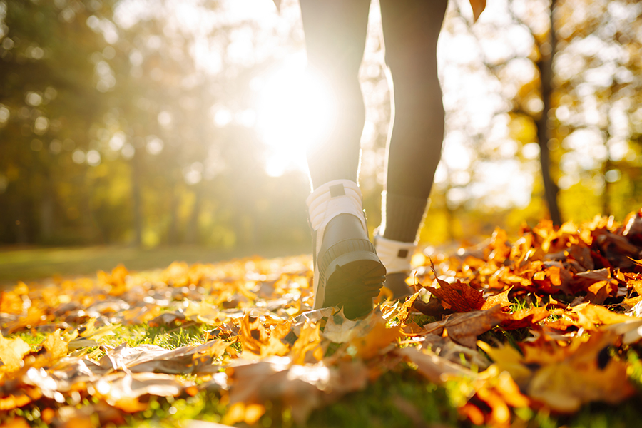 Close-up of female legs in hiking boots walks on ground with yellow-orange dry fall leaves during autumn season in park or forest. Feet walking in outdoor nature. Healthy lifestyle on leisure activity